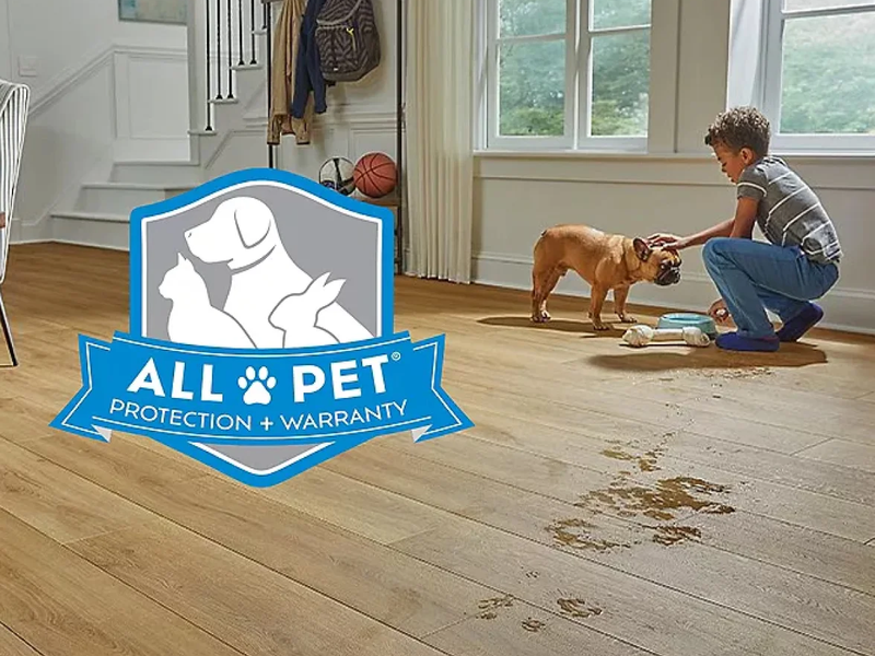 Teenagers laying on RevWood floor with dog